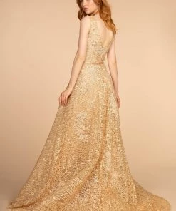 Elizabeth K Prom Beaded Lace V-Neck Dress With Long A-line Skirt By GLS Gloria GL2566