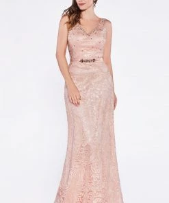 Prom Beaded Lace V-Neck Sheath Dress By Cinderella Divine 1420