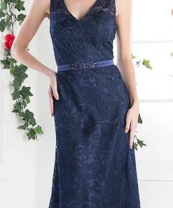 Prom Beaded Lace V-Neck Sheath Dress By Cinderella Divine 1420
