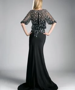 Beaded Black Mid-Sleeve Gown By Cinderella Divine CZ0013