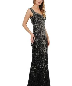 Beaded Long Black Dress With Wide V-Neckline By Poly USA 8362 7 Beaded Long Black Dress With Wide V-Neckline By Poly USA 8362