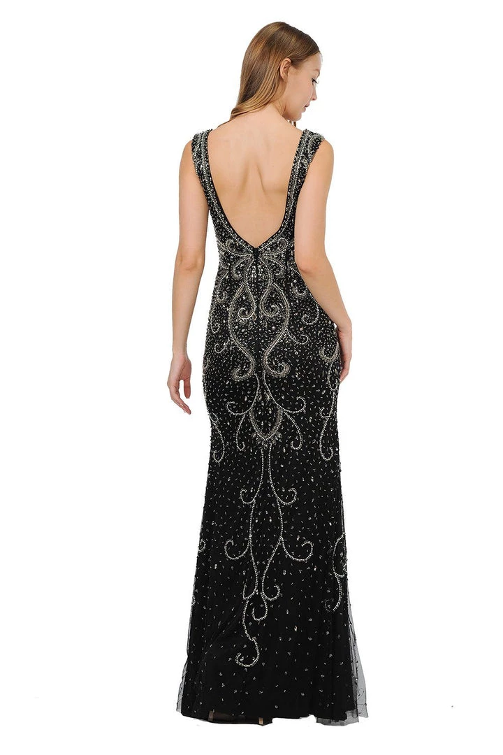 Beaded Long Black Dress With Wide V-Neckline By Poly USA 8362 4 Beaded Long Black Dress With Wide V-Neckline By Poly USA 8362