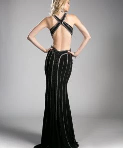 Black Long Halter Fitted Dress By Cinderella Divine CD0121 Prom