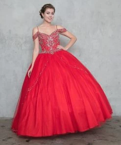 Calla Collection Beaded Long Cold Shoulder Dress With A-line Skirt