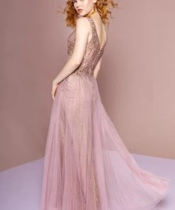 Beaded Long Glitter Sheer V-Neck Dress By Elizabeth K GL2618 Prom