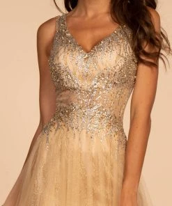 Beaded Long Glitter Sheer V-Neck Dress By Elizabeth K GL2618 Prom