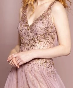 Beaded Long Glitter Sheer V-Neck Dress By Elizabeth K GL2618 Prom