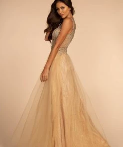 Beaded Long Glitter Sheer V-Neck Dress By Elizabeth K GL2618 Prom