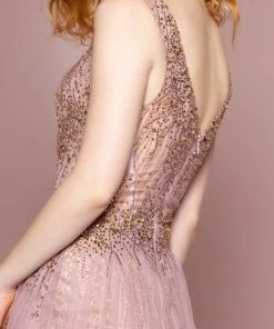 Beaded Long Glitter Sheer V-Neck Dress By Elizabeth K GL2618 Prom