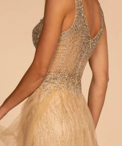 Beaded Long Glitter Sheer V-Neck Dress By Elizabeth K GL2618 Prom