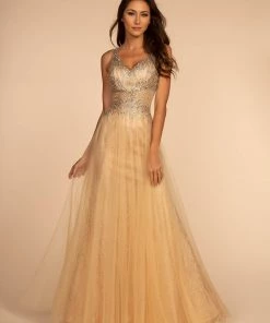 Beaded Long Glitter Sheer V-Neck Dress By Elizabeth K GL2618 Prom