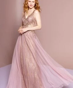 Beaded Long Glitter Sheer V-Neck Dress By Elizabeth K GL2618 Prom