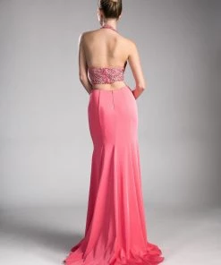 Beaded Long Halter Dress By Cinderella Divine 85201 Prom