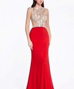 Beaded Long Halter Sheath Dress By Cinderella Divine 959