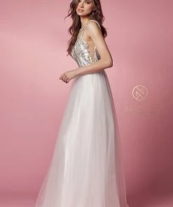 Prom Beaded Long V-Neck Tulle Dress By Nox Anabel R283