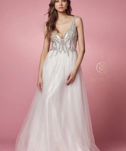 Prom Beaded Long V-Neck Tulle Dress By Nox Anabel R283