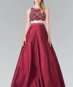 Beaded Mock Two-Piece Dress With Sheer Waistline By Elizabeth K GL2250 Prom