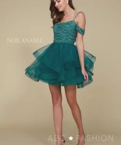 Beaded Short Cold Shoulder Dress With Tiered Skirt By Nox Anabel T668 14 Beaded Short Cold Shoulder Dress With Tiered Skirt By Nox Anabel T668