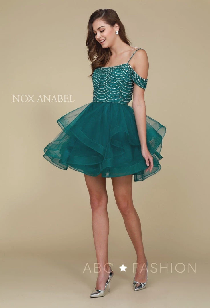 Beaded Short Cold Shoulder Dress With Tiered Skirt By Nox Anabel T668 5 Beaded Short Cold Shoulder Dress With Tiered Skirt By Nox Anabel T668