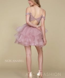 Beaded Short Cold Shoulder Dress With Tiered Skirt By Nox Anabel T668 18 Beaded Short Cold Shoulder Dress With Tiered Skirt By Nox Anabel T668