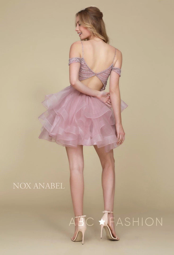 Beaded Short Cold Shoulder Dress With Tiered Skirt By Nox Anabel T668 9 Beaded Short Cold Shoulder Dress With Tiered Skirt By Nox Anabel T668