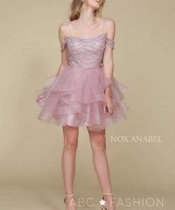 Beaded Short Cold Shoulder Dress With Tiered Skirt By Nox Anabel T668 17 Beaded Short Cold Shoulder Dress With Tiered Skirt By Nox Anabel T668