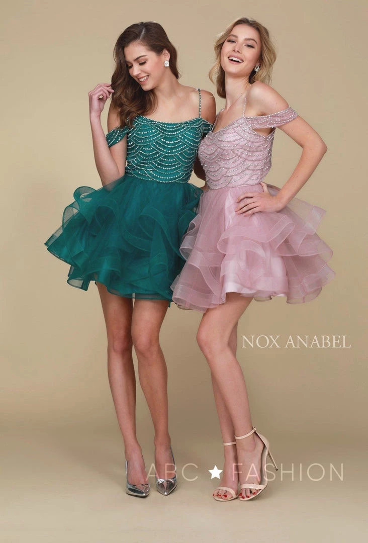 Beaded Short Cold Shoulder Dress With Tiered Skirt By Nox Anabel T668 3 Beaded Short Cold Shoulder Dress With Tiered Skirt By Nox Anabel T668