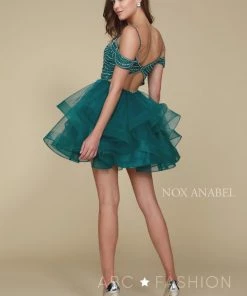 Beaded Short Cold Shoulder Dress With Tiered Skirt By Nox Anabel T668 15 Beaded Short Cold Shoulder Dress With Tiered Skirt By Nox Anabel T668