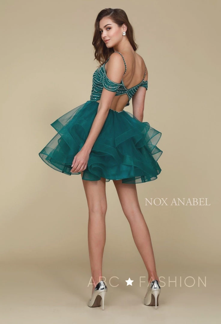Beaded Short Cold Shoulder Dress With Tiered Skirt By Nox Anabel T668 6 Beaded Short Cold Shoulder Dress With Tiered Skirt By Nox Anabel T668