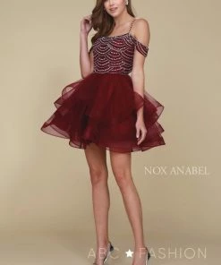 Beaded Short Cold Shoulder Dress With Tiered Skirt By Nox Anabel T668 20 Beaded Short Cold Shoulder Dress With Tiered Skirt By Nox Anabel T668