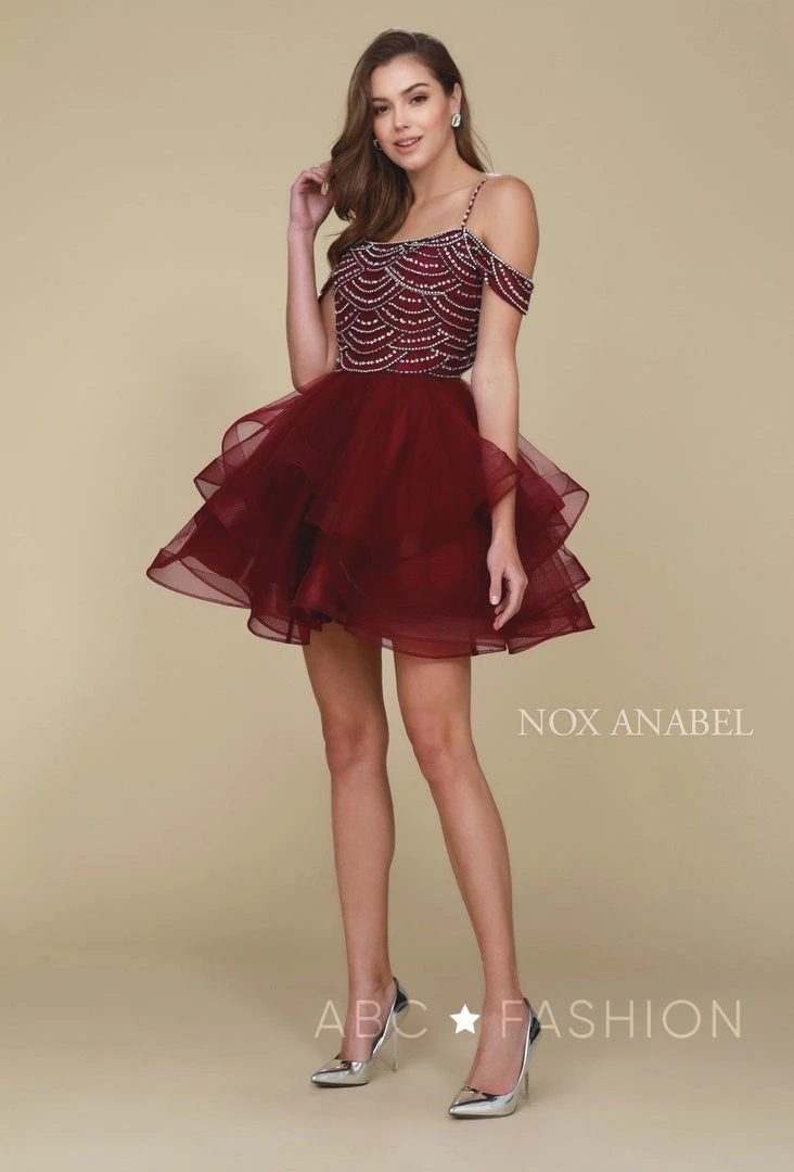 Beaded Short Cold Shoulder Dress With Tiered Skirt By Nox Anabel T668 11 Beaded Short Cold Shoulder Dress With Tiered Skirt By Nox Anabel T668