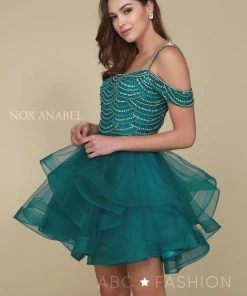 Beaded Short Cold Shoulder Dress With Tiered Skirt By Nox Anabel T668