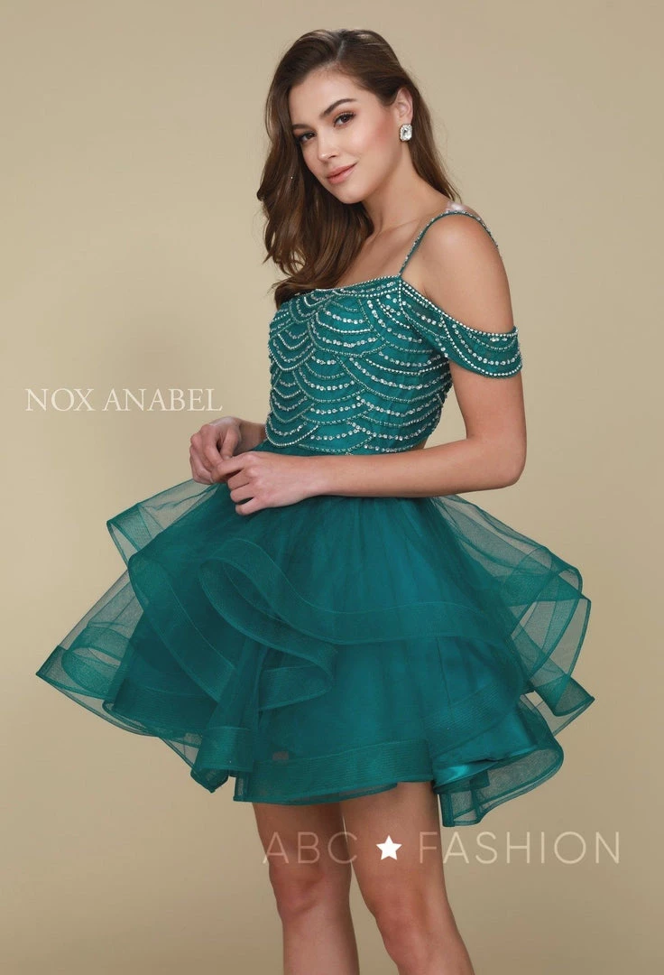 Beaded Short Cold Shoulder Dress With Tiered Skirt By Nox Anabel T668 4 Beaded Short Cold Shoulder Dress With Tiered Skirt By Nox Anabel T668