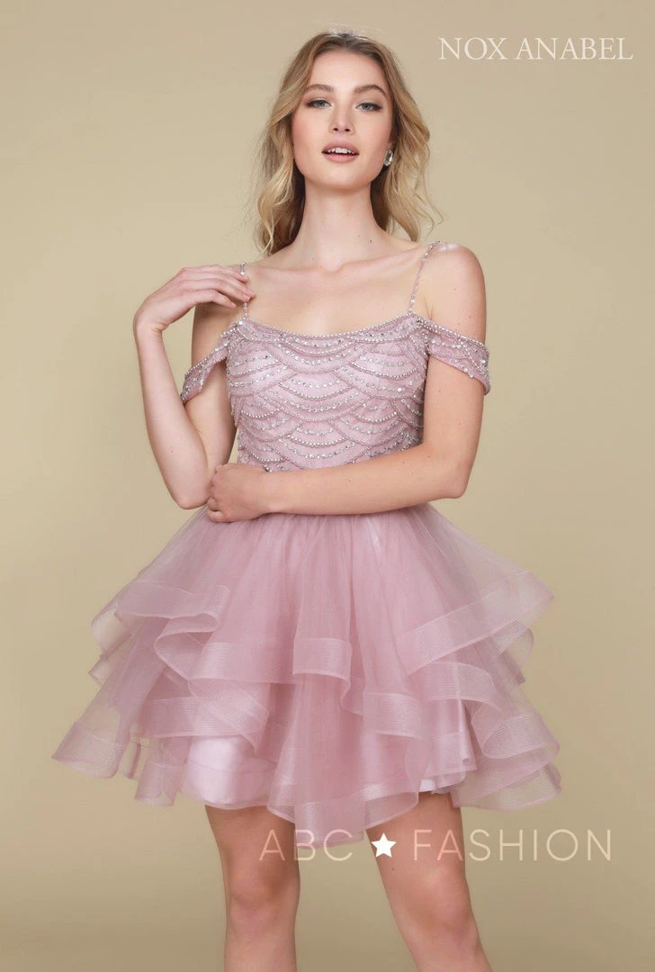 Beaded Short Cold Shoulder Dress With Tiered Skirt By Nox Anabel T668 7 Beaded Short Cold Shoulder Dress With Tiered Skirt By Nox Anabel T668