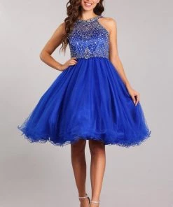 Beaded Short Halter Dress With Ruffled Skirt By Cinderella Couture 5022 Prom