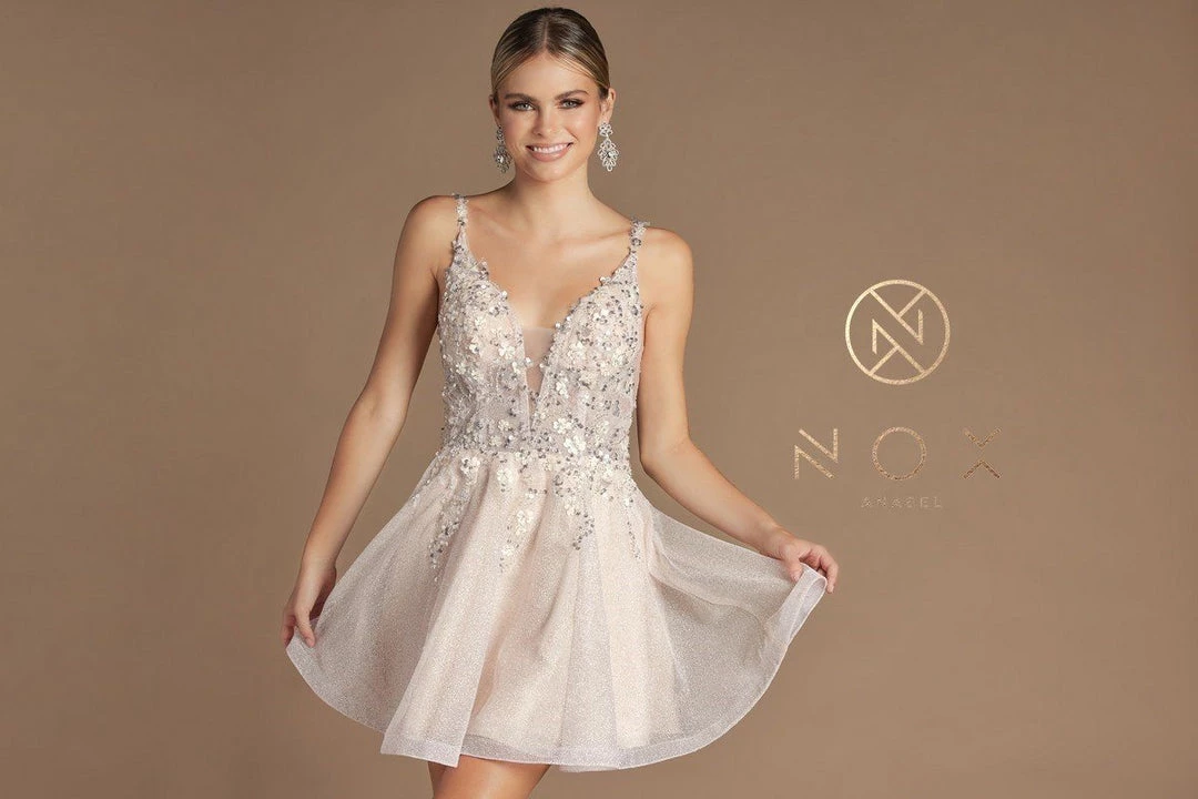 Beaded Short Illusion V-Neck Dress By Nox Anabel E711 20 Beaded Short Illusion V-Neck Dress By Nox Anabel E711