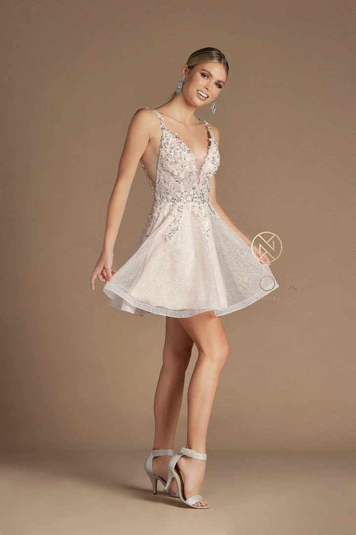 Beaded Short Illusion V-Neck Dress By Nox Anabel E711 19 Beaded Short Illusion V-Neck Dress By Nox Anabel E711