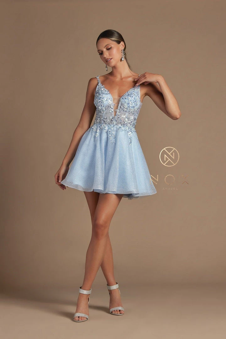 Beaded Short Illusion V-Neck Dress By Nox Anabel E711 10 Beaded Short Illusion V-Neck Dress By Nox Anabel E711