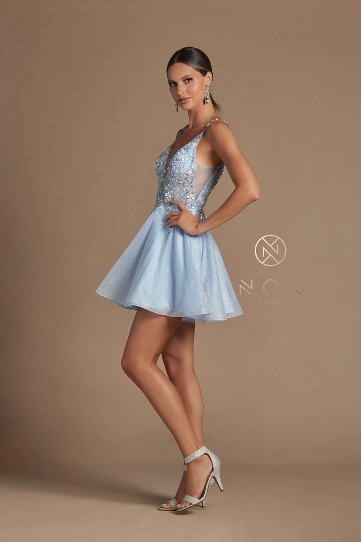 Beaded Short Illusion V-Neck Dress By Nox Anabel E711 11 Beaded Short Illusion V-Neck Dress By Nox Anabel E711