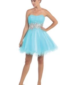 Beaded Short Strapless Dress With Ruffled Skirt By Star Box 6057