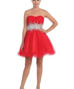 Beaded Short Strapless Dress With Ruffled Skirt By Star Box 6057