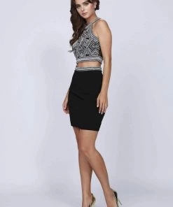 Beaded Short Two-Piece Halter Dress With Sheer Back By Juliet 767