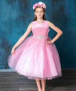 Calla Collection Big Girls Pleated Tea Length Tulle Dress By Calla D793 Flower Girl Dresses