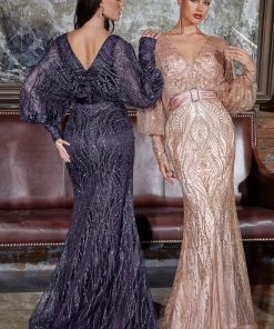 Bishop Sleeve Glitter Gown By Cinderella Divine J821 8 Bishop Sleeve Glitter Gown By Cinderella Divine J821