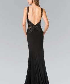 Black Beaded Illusion Dress With Open Back By Elizabeth K GL2234 Prom