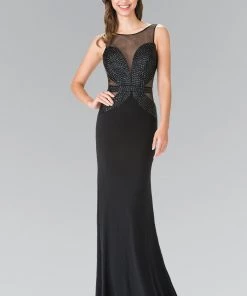 Black Beaded Illusion Dress With Open Back By Elizabeth K GL2234 Prom