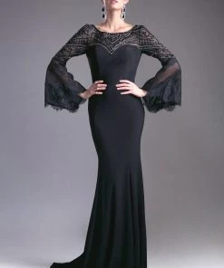 Black Long Fitted Bell Sleeve Dress By Cinderella Divine 71435