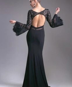 Black Long Fitted Bell Sleeve Dress By Cinderella Divine 71435