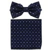 Vesuvio Napoli Men Black Bow Tie With Blue Geometric Squares And Pocket Square (Pointed Tip)