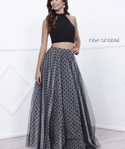 Black Halter Crop Top Polka Dot Print Dress By Nox Anabel 8204 Prom